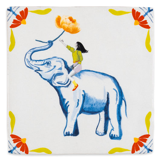 tegeltje olifant geeft een bloem aan berijder