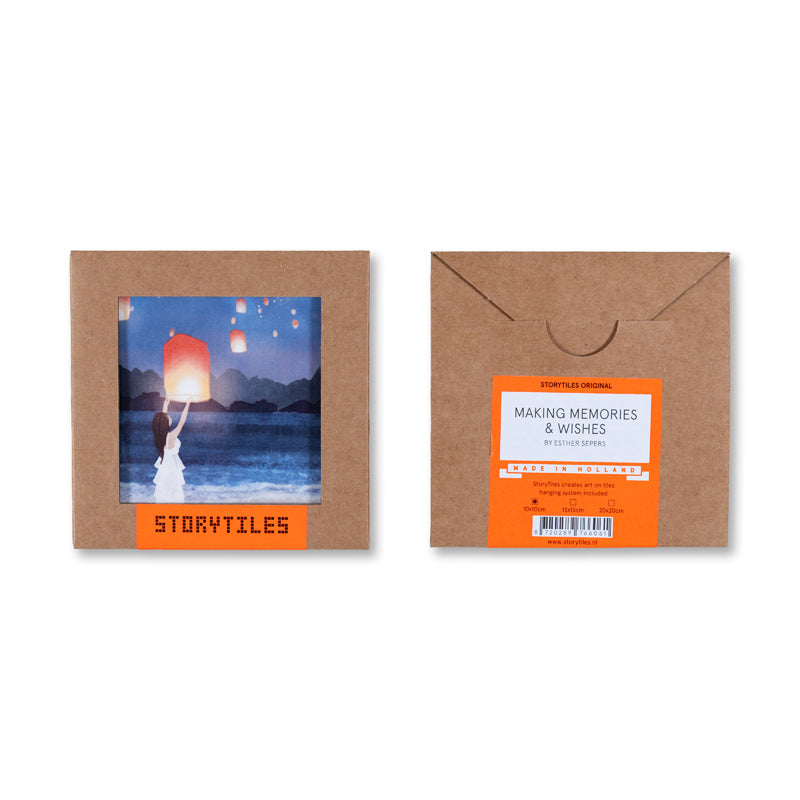 Voor- en achterkant van verpakking StoryTiles tegeltje Making memories & wishes