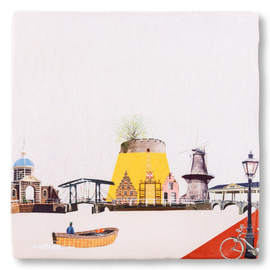 Tegeltje Leiden met grachten, molen en fiets in collage