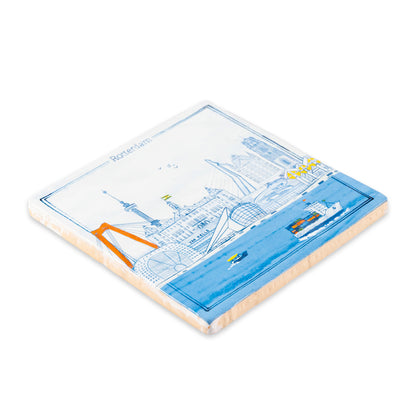 Handgebakken tegeltje met Delfts blauwe tekening van Rotterdam