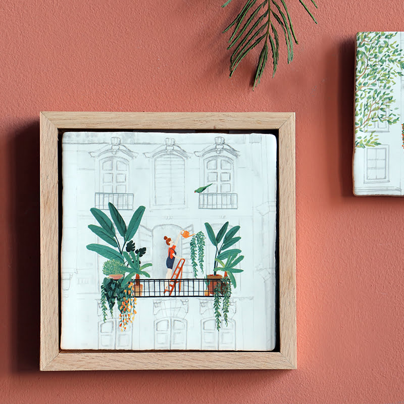 Nieuw huis cadeau tegeltje met balkon en planten in lijst