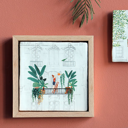 Nieuw huis cadeau tegeltje met balkon en planten in lijst