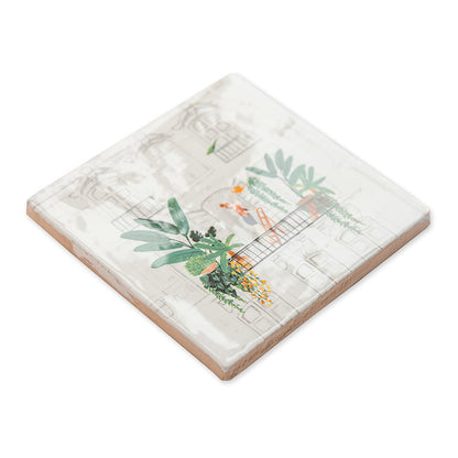Nieuw huis cadeau tegel met plantenillustratie op witte achtergrond