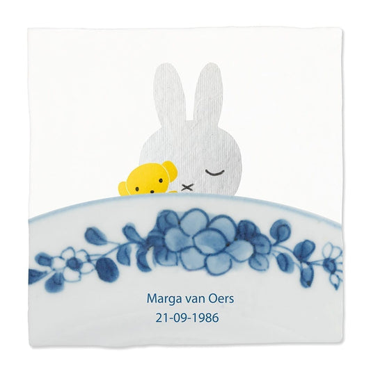 Geboortetegel nijntje en beer met blauw bloemmotiefje