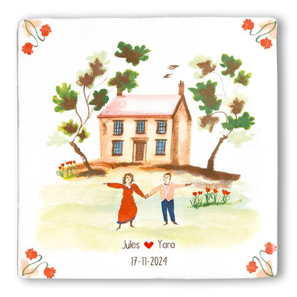 liefdestegel met huisje en geliefd stel gepersonaliseerd met naam en datum met rood hartje tussen de namen