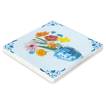 Handgebakken tegeltje Delfts blauw met bloemen