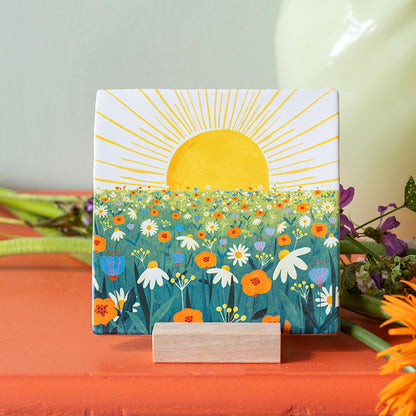 Tegeltje The sun will shine on you met zon en bloemen