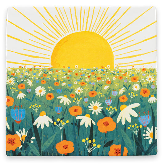 The sun will shine on you tegeltje met opkomende zon in een kleurrijk bloemenveld