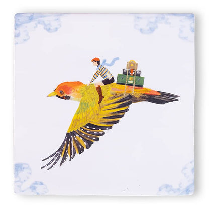 Nieuw huis en reis cadeau tegeltje met vliegende vogel en persoon