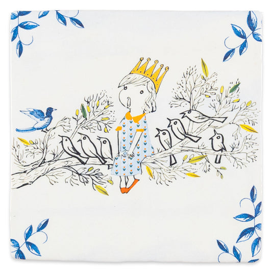 StoryTiles tegeltje met Fiep Westendorp ontwerp van een Vogelkoortje. Meisje zingt op een tak vol vogeltjes.